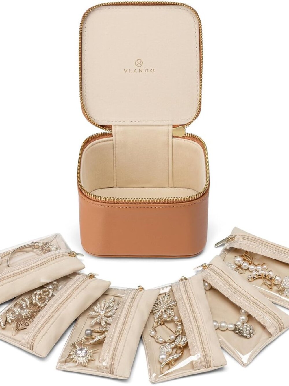 Travel Jewelry Case with Clear 6 Velvet Bags,Brown